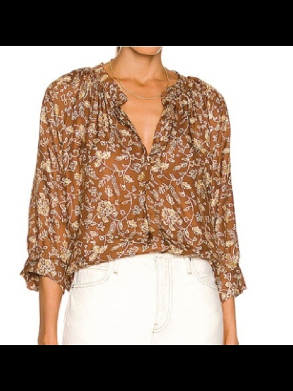 Natalie Martin Brown Floral Ruffle-Trim Blouse